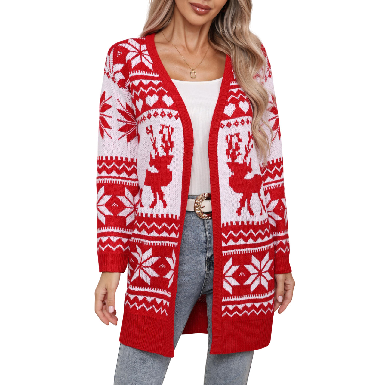 Womens Christmas Knit Cardigan Long Open Front Knit Sweater Winter Outerwear